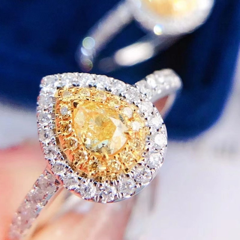 18Κ στερεό χρυσό 0.65ct νερό πτώση κίτρινο διαμάντι πέτρα 1,9 g δαχτυλίδι αρραβώνων για κορίτσι